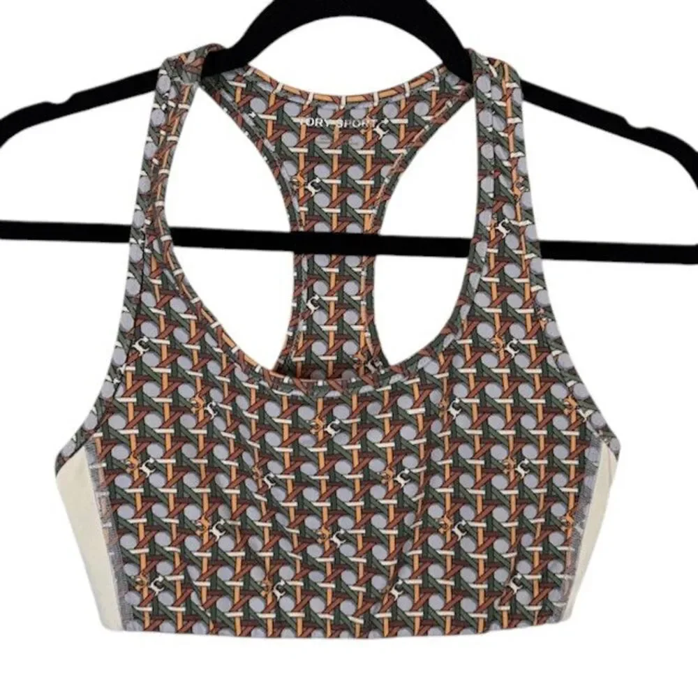 Tory Burch‎ Sport Logo Printed Side Stripe Racerback Bra Gray Green Size Small